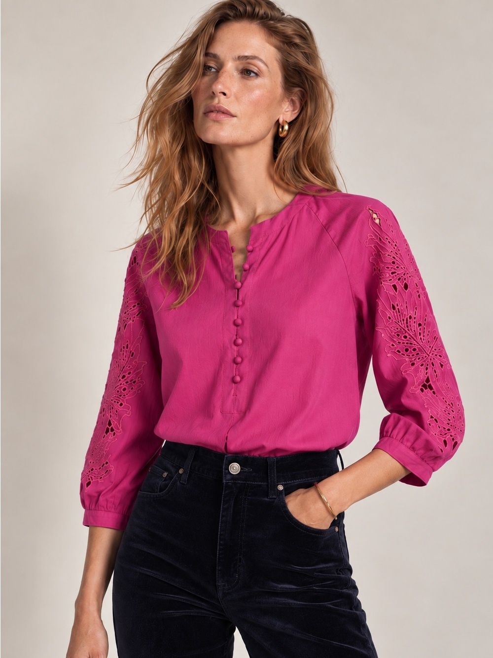 Max Mara Studio Laser Floral Embroidered Peasant Blouse Pink Small